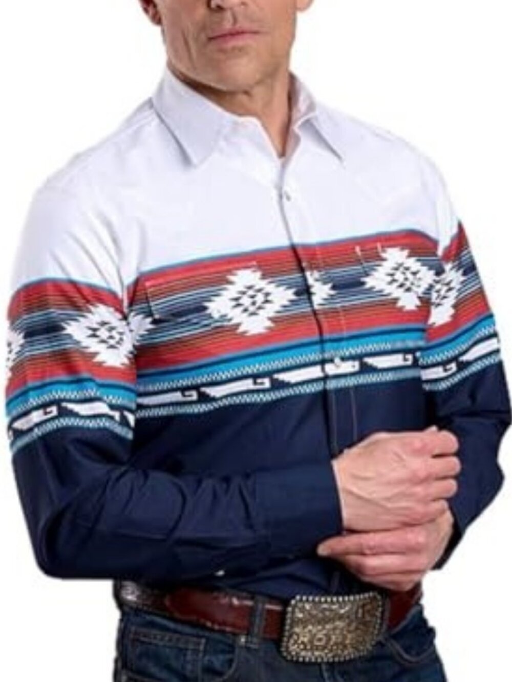 Roper Men's XL Long Sleeve Aztec Border Print Snap Shirt Blue
